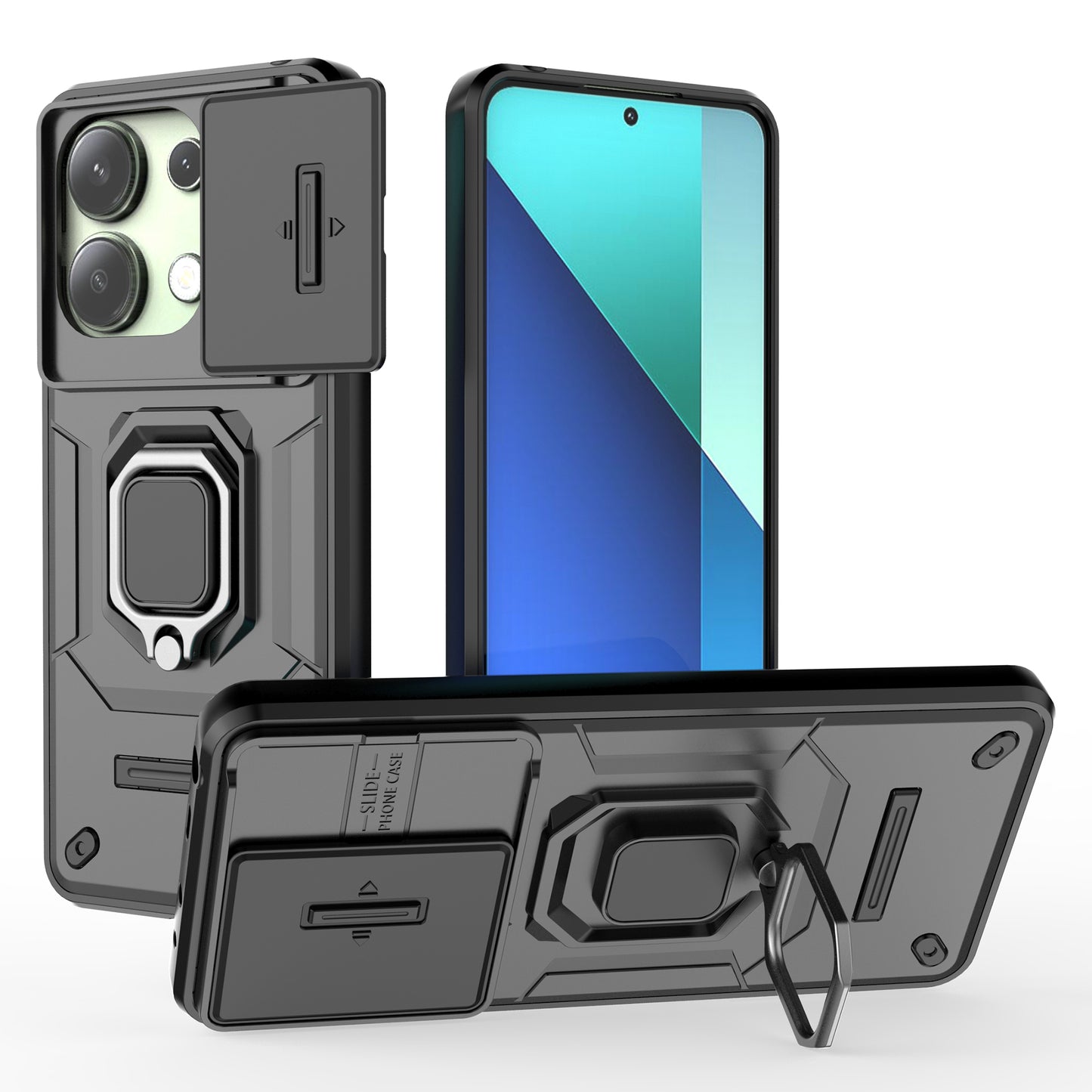 For Xiaomi Redmi Note 13 4G Case PC+TPU Slide Lens Lid Phone Cover - Black