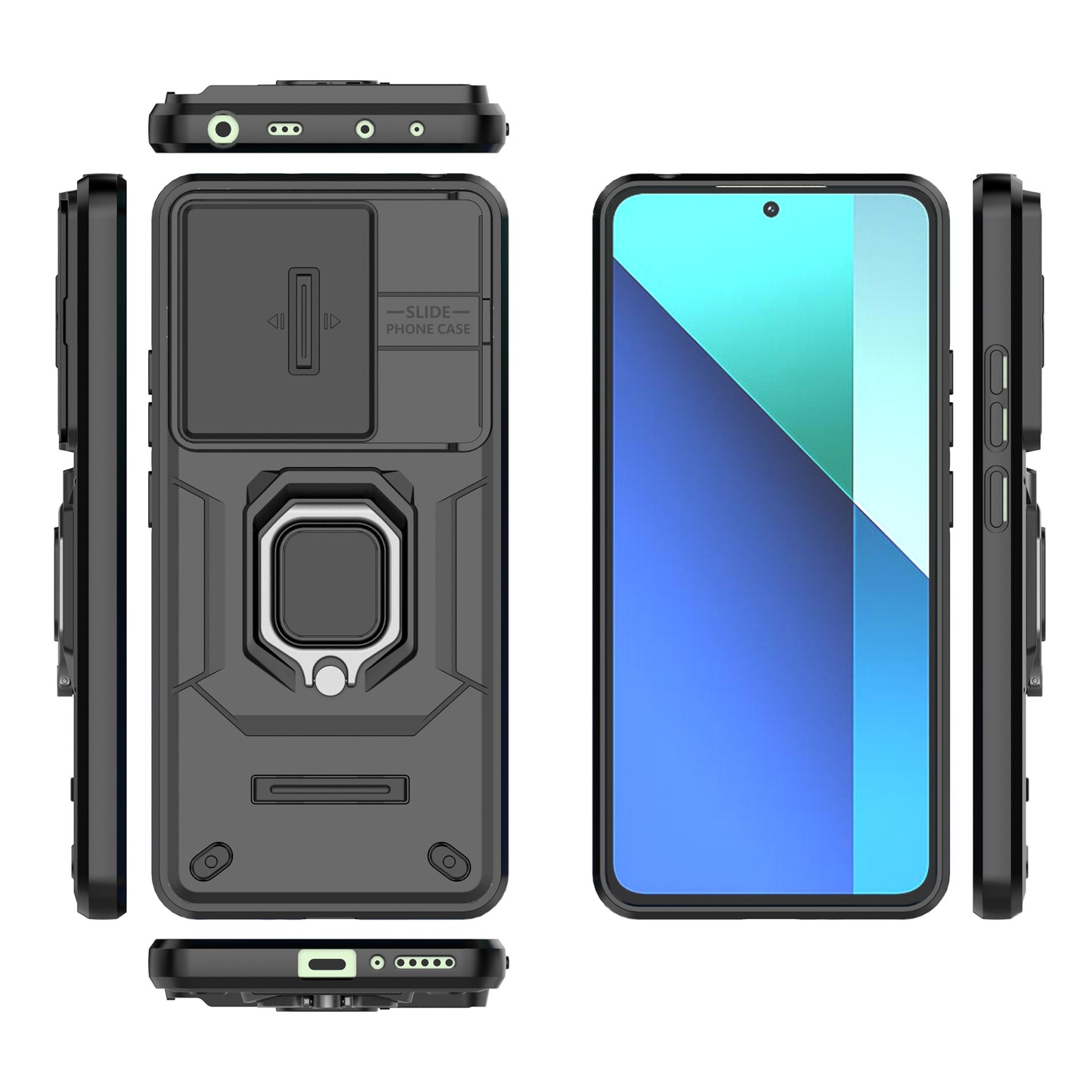 For Xiaomi Redmi Note 13 4G Case PC+TPU Slide Lens Lid Phone Cover - Black