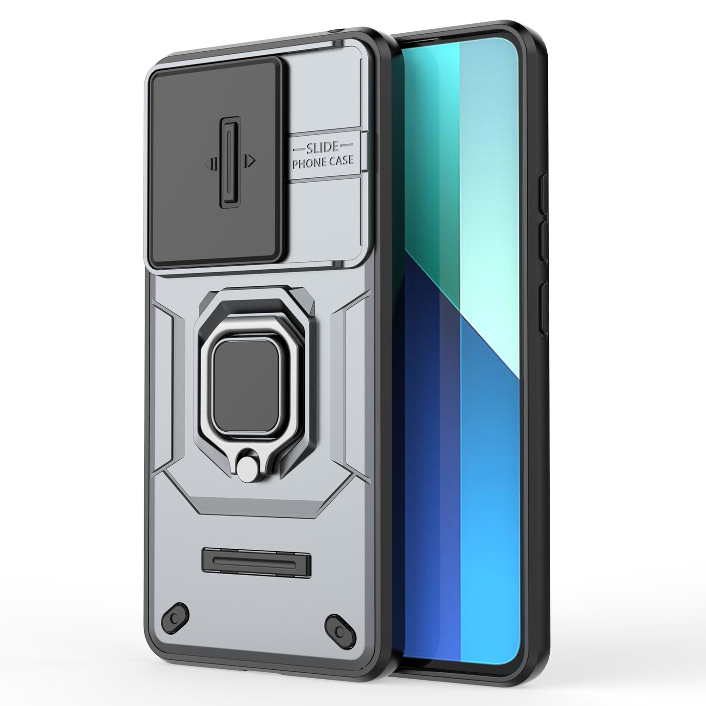 For Xiaomi Redmi Note 13 4G Case PC+TPU Slide Lens Lid Phone Cover - Grey