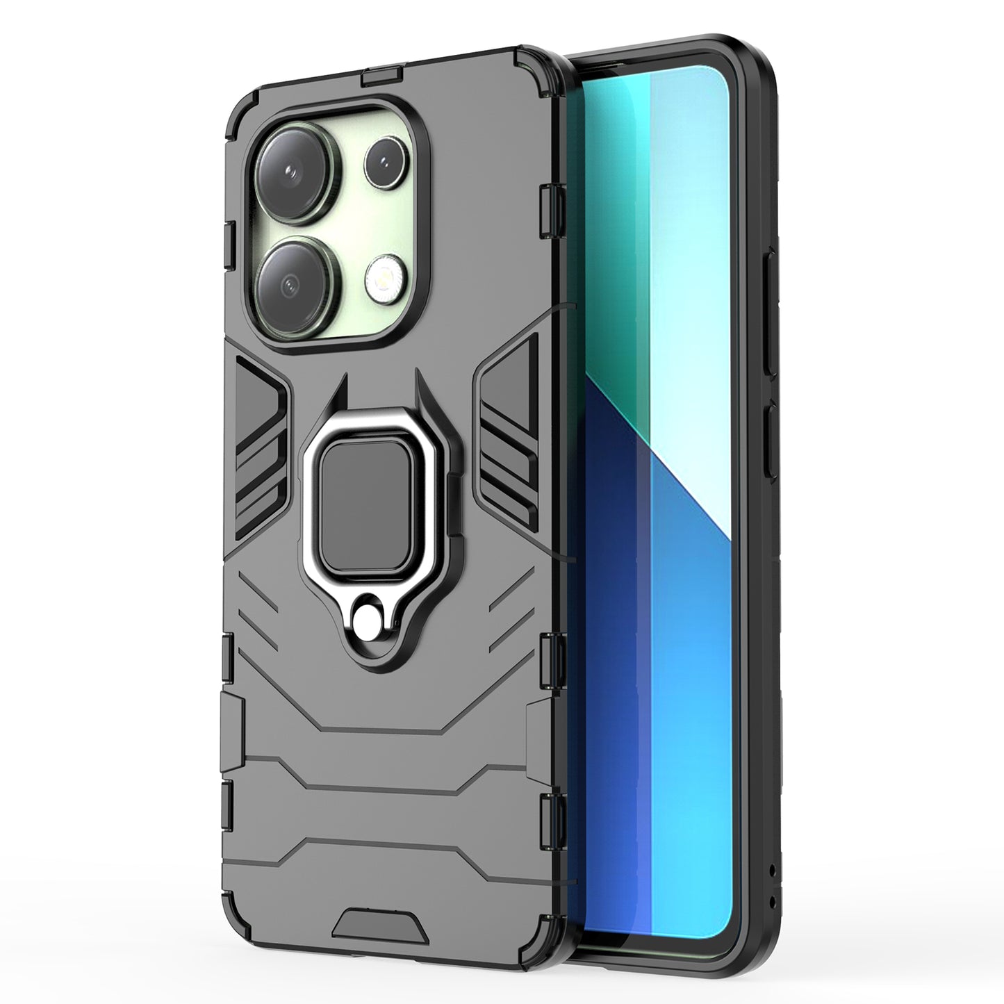 For Xiaomi Redmi Note 13 4G Case PC+TPU Anti-drop Phone Cover with Ring Holder Kickstand - Black