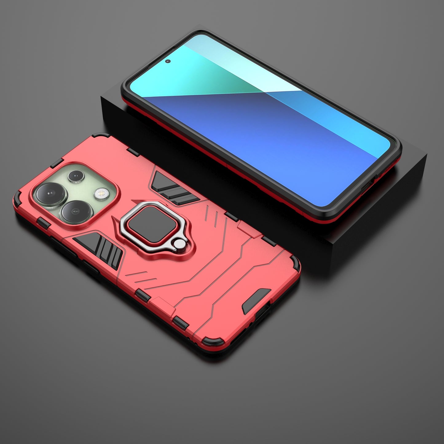 For Xiaomi Redmi Note 13 4G Case PC+TPU Anti-drop Phone Cover with Ring Holder Kickstand - Red