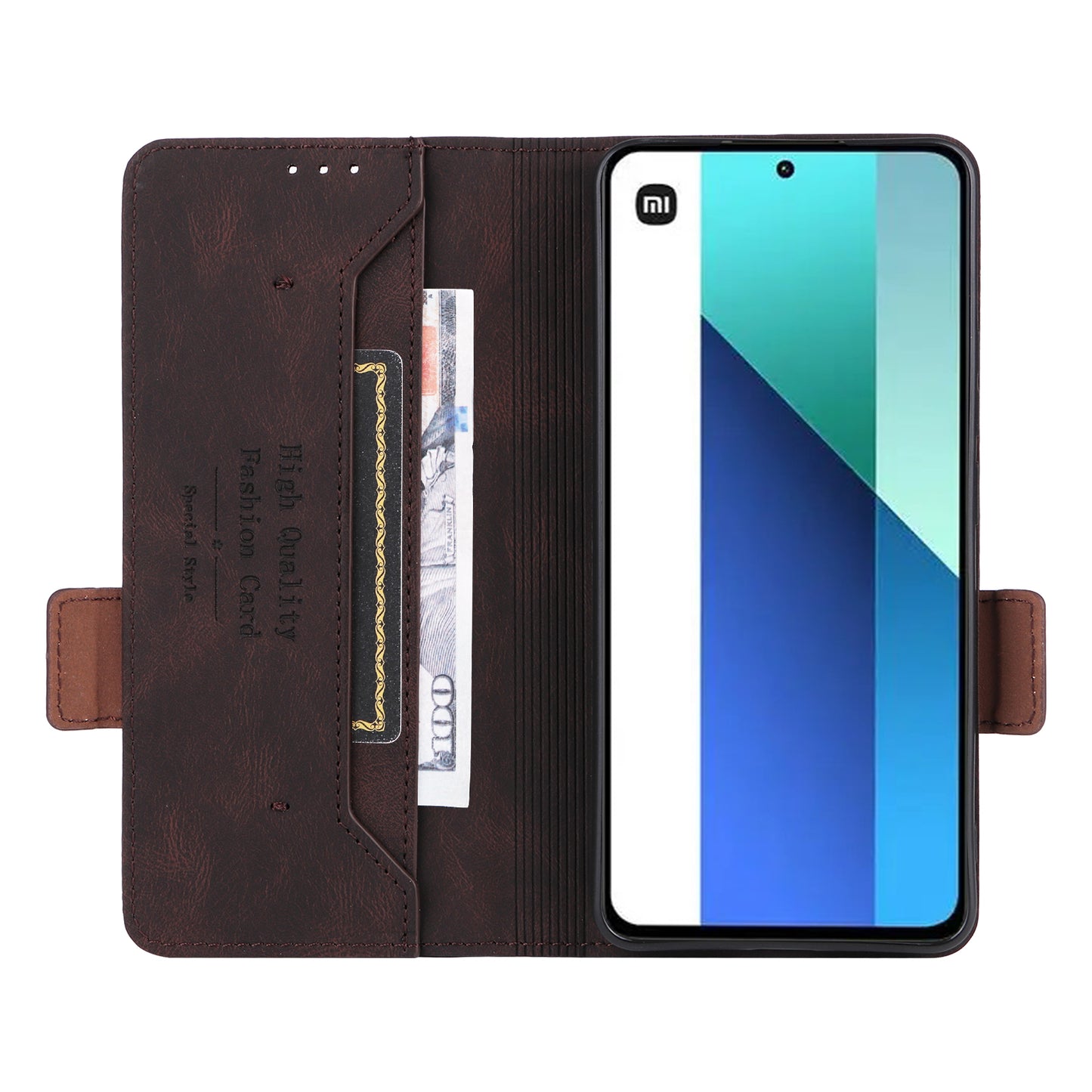 For Xiaomi Redmi Note 13 4G Case Leather Wallet Cover Hardware Decor - Coffee