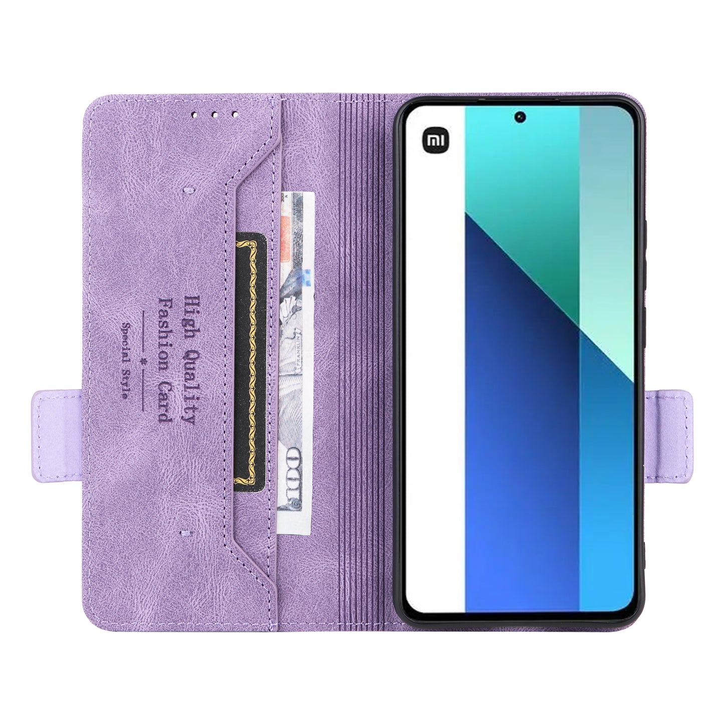 For Xiaomi Redmi Note 13 4G Case Leather Wallet Cover Hardware Decor - Purple