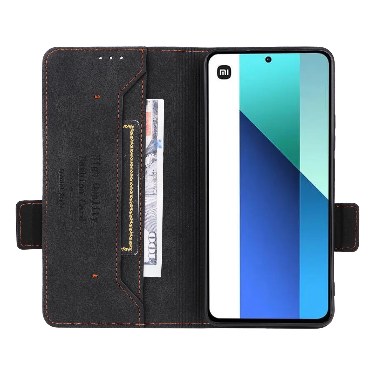 For Xiaomi Redmi Note 13 4G Case Leather Wallet Cover Hardware Decor - Black