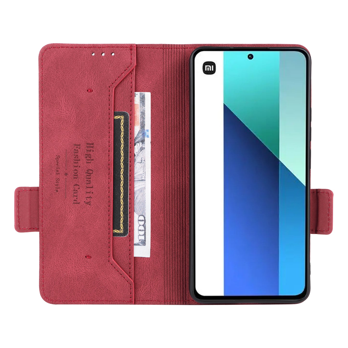 For Xiaomi Redmi Note 13 4G Case Leather Wallet Cover Hardware Decor - Red