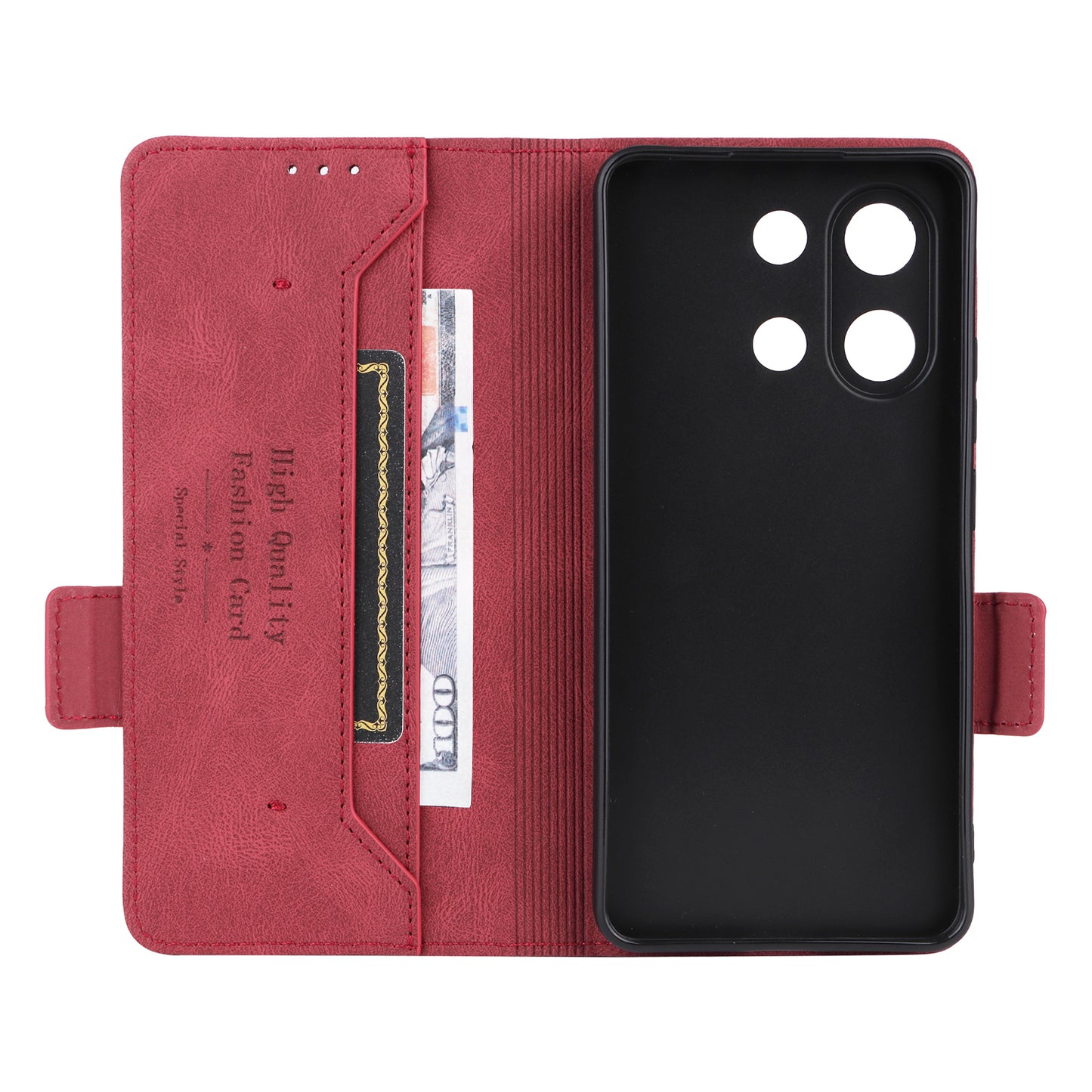 For Xiaomi Redmi Note 13 4G Case Leather Wallet Cover Hardware Decor - Red