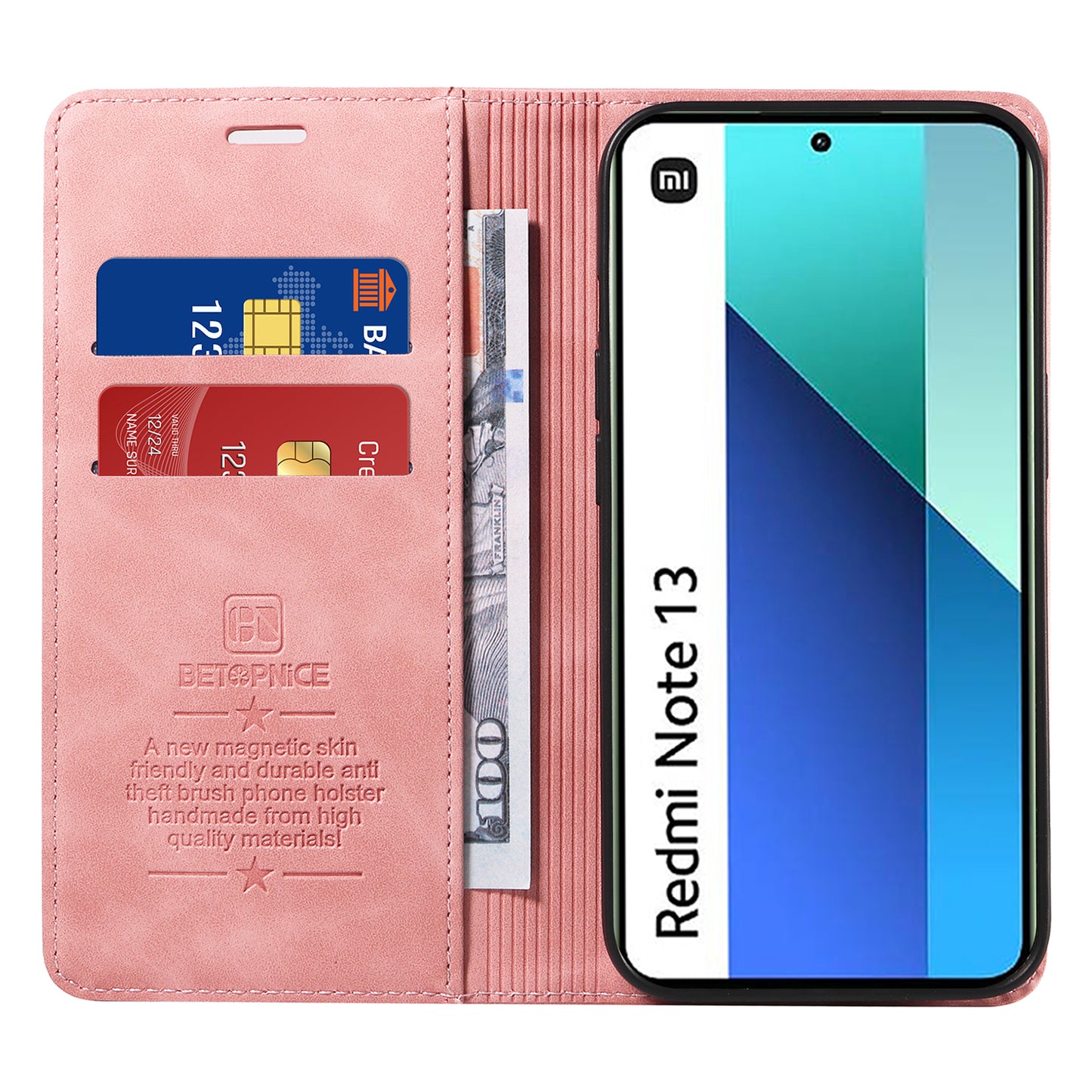 BETOPNICE 003 For Xiaomi Redmi Note 13 4G Case Card Slots RFID Blocking Phone Cover - Pink