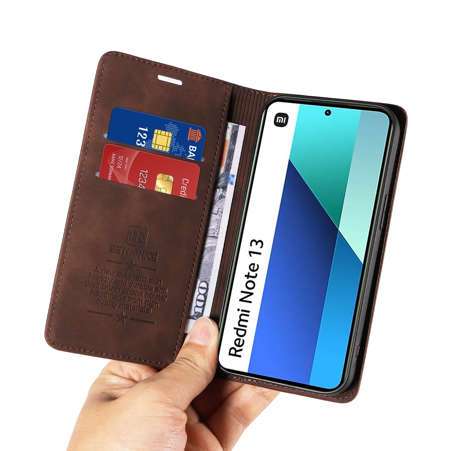 BETOPNICE 003 For Xiaomi Redmi Note 13 4G Case Card Slots RFID Blocking Phone Cover - Brown