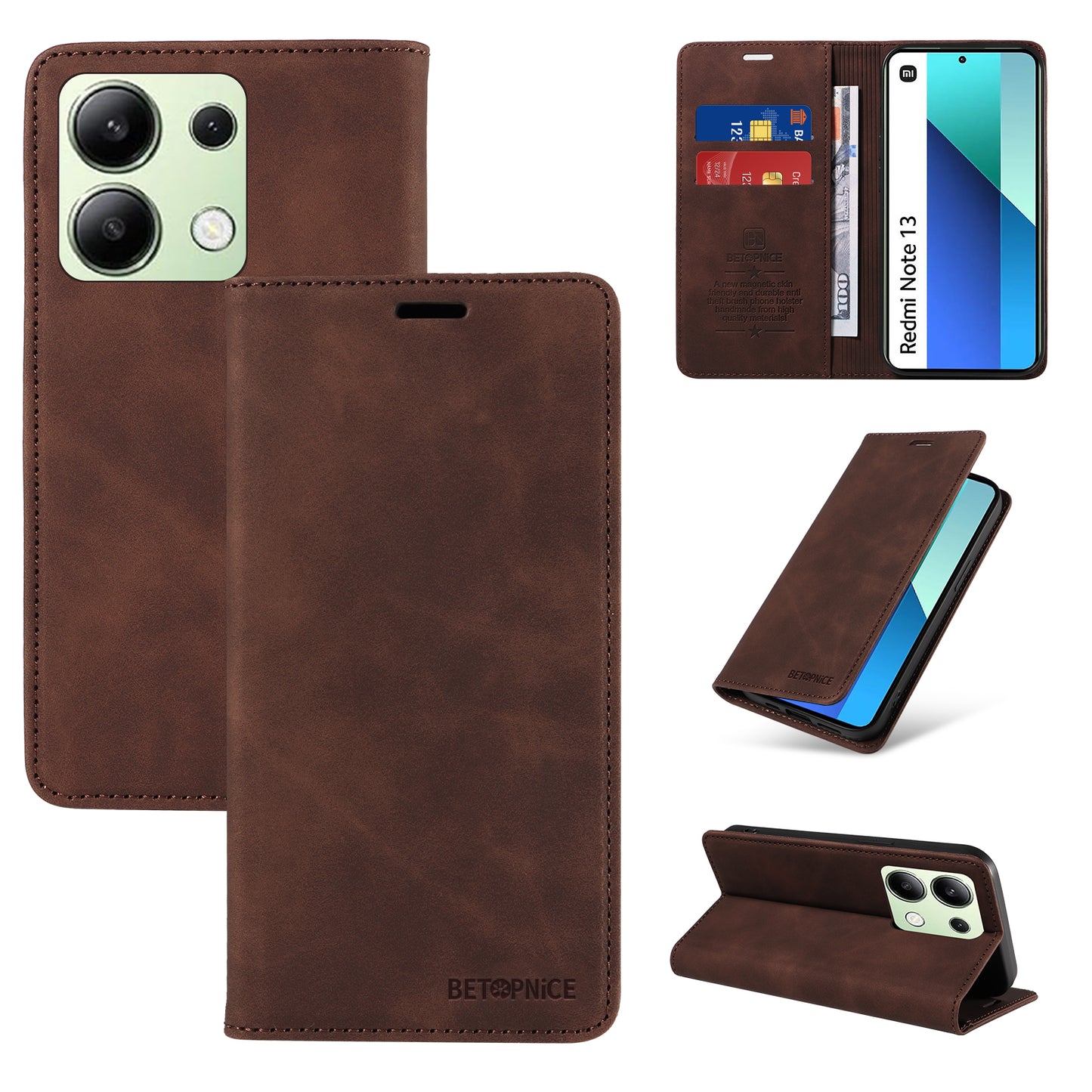 BETOPNICE 003 For Xiaomi Redmi Note 13 4G Case Card Slots RFID Blocking Phone Cover - Brown