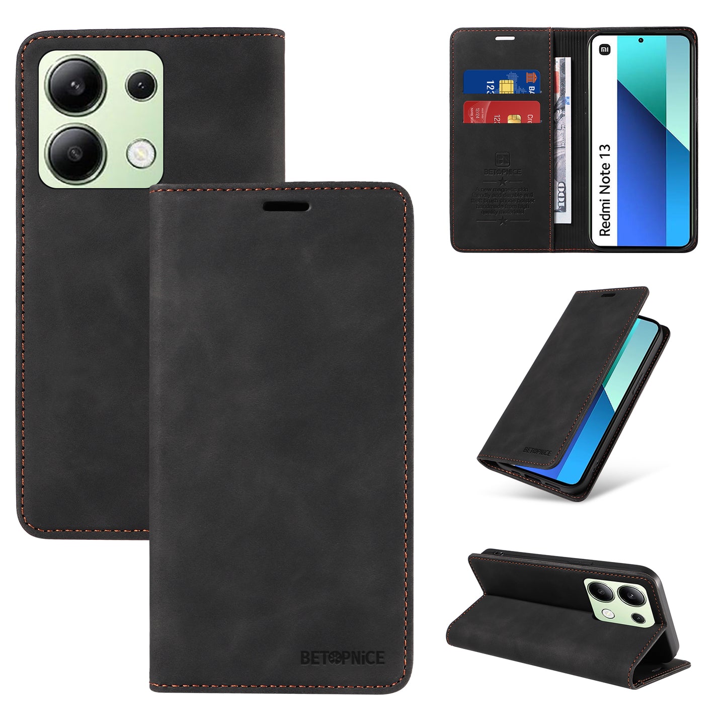 BETOPNICE 003 For Xiaomi Redmi Note 13 4G Case Card Slots RFID Blocking Phone Cover - Black