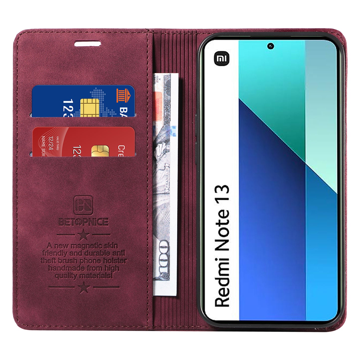 BETOPNICE 003 For Xiaomi Redmi Note 13 4G Case Card Slots RFID Blocking Phone Cover - Red