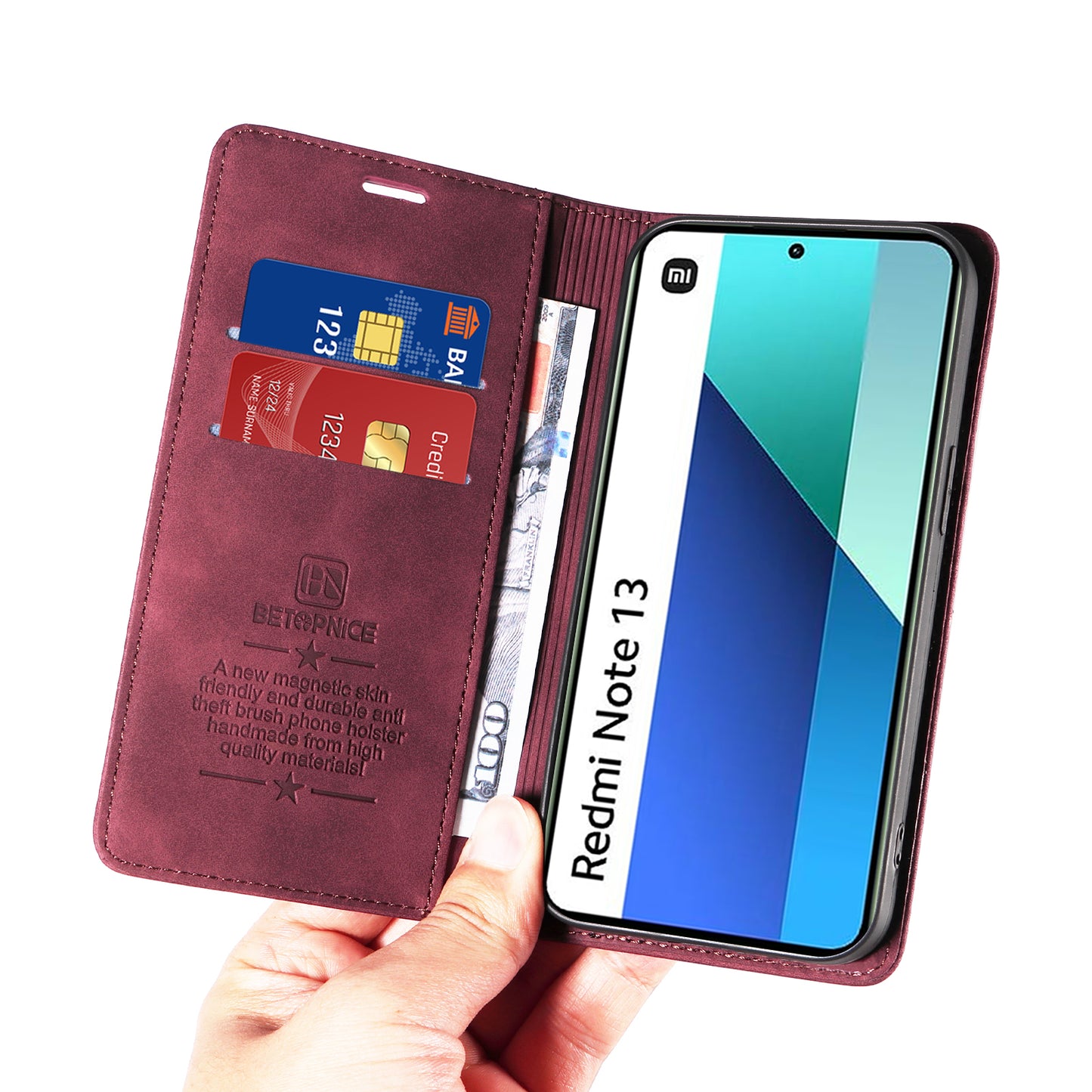 BETOPNICE 003 For Xiaomi Redmi Note 13 4G Case Card Slots RFID Blocking Phone Cover - Red