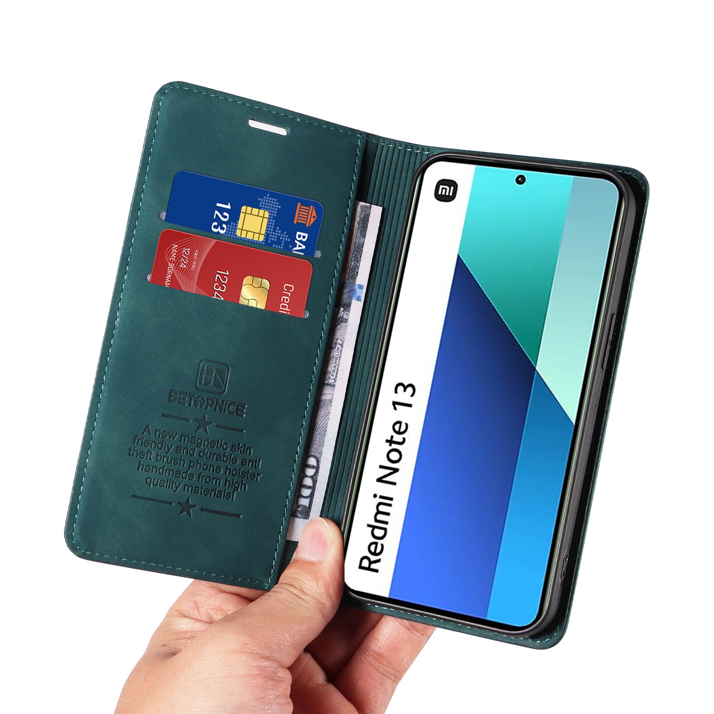 BETOPNICE 003 For Xiaomi Redmi Note 13 4G Case Card Slots RFID Blocking Phone Cover - Green