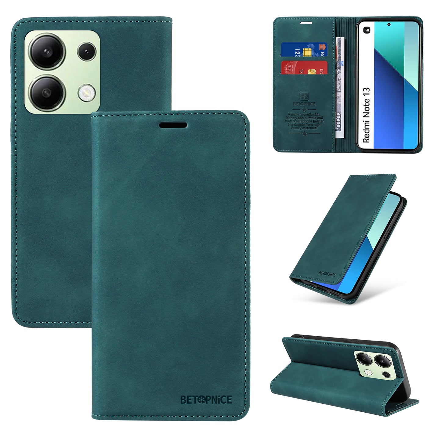 BETOPNICE 003 For Xiaomi Redmi Note 13 4G Case Card Slots RFID Blocking Phone Cover - Green
