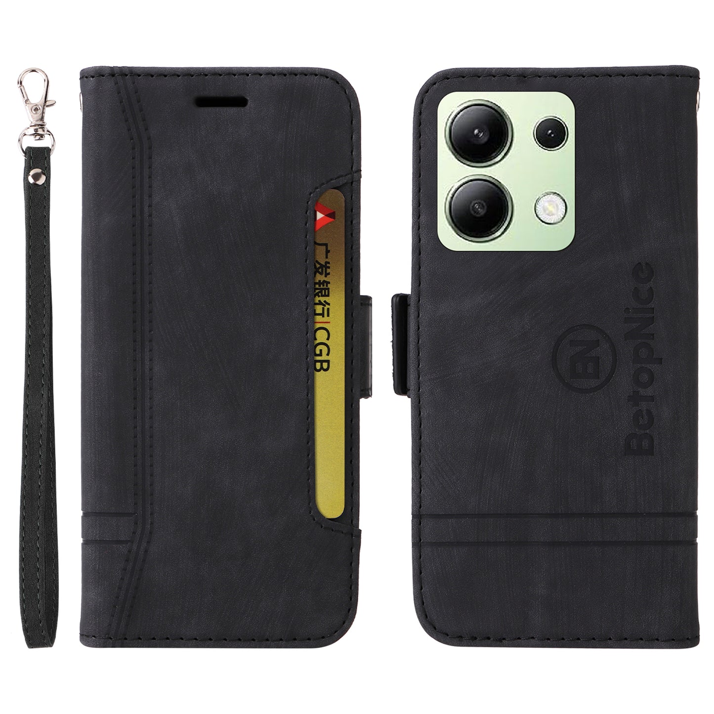 BETOPNICE 001 for Xiaomi Redmi Note 13 4G Case Imprinted Leather Phone Wallet Cover - Black