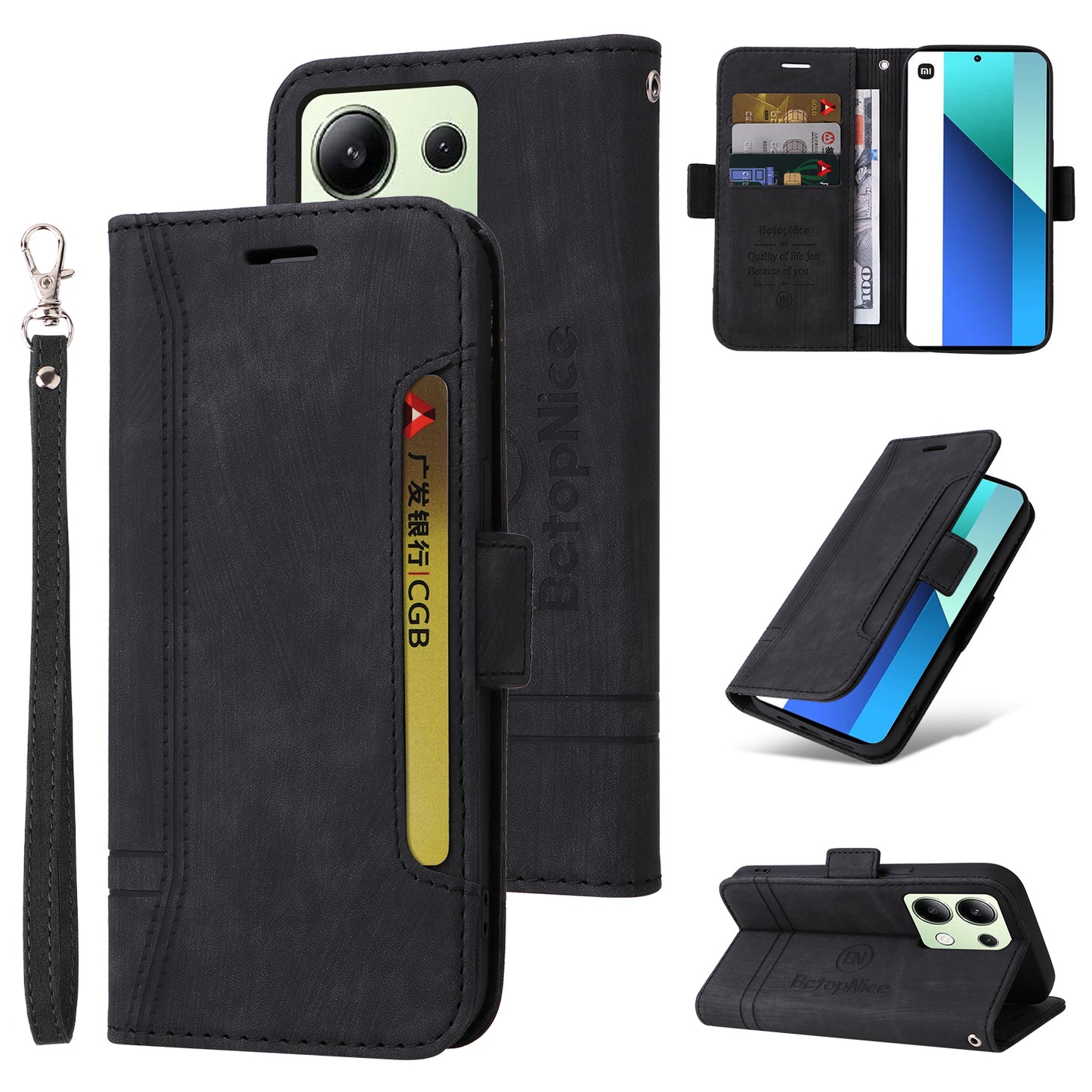 BETOPNICE 001 for Xiaomi Redmi Note 13 4G Case Imprinted Leather Phone Wallet Cover - Black