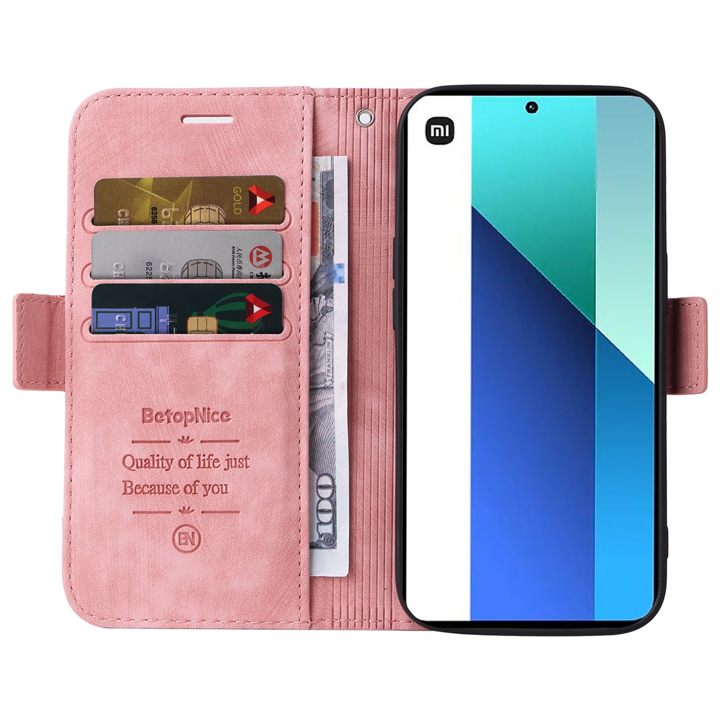 BETOPNICE 001 for Xiaomi Redmi Note 13 4G Case Imprinted Leather Phone Wallet Cover - Pink