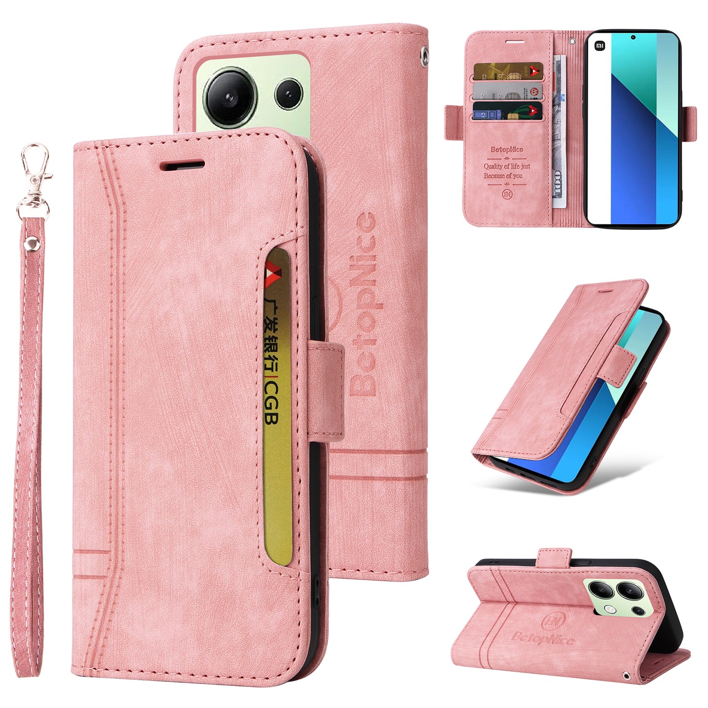 BETOPNICE 001 for Xiaomi Redmi Note 13 4G Case Imprinted Leather Phone Wallet Cover - Pink