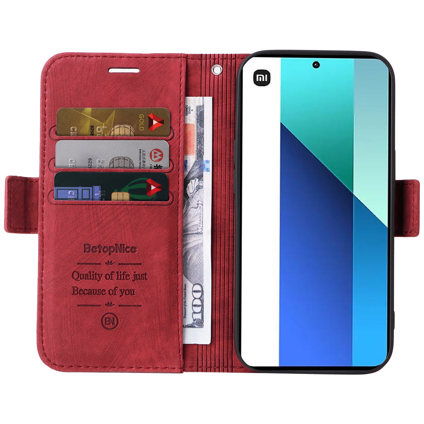 BETOPNICE 001 for Xiaomi Redmi Note 13 4G Case Imprinted Leather Phone Wallet Cover - Red