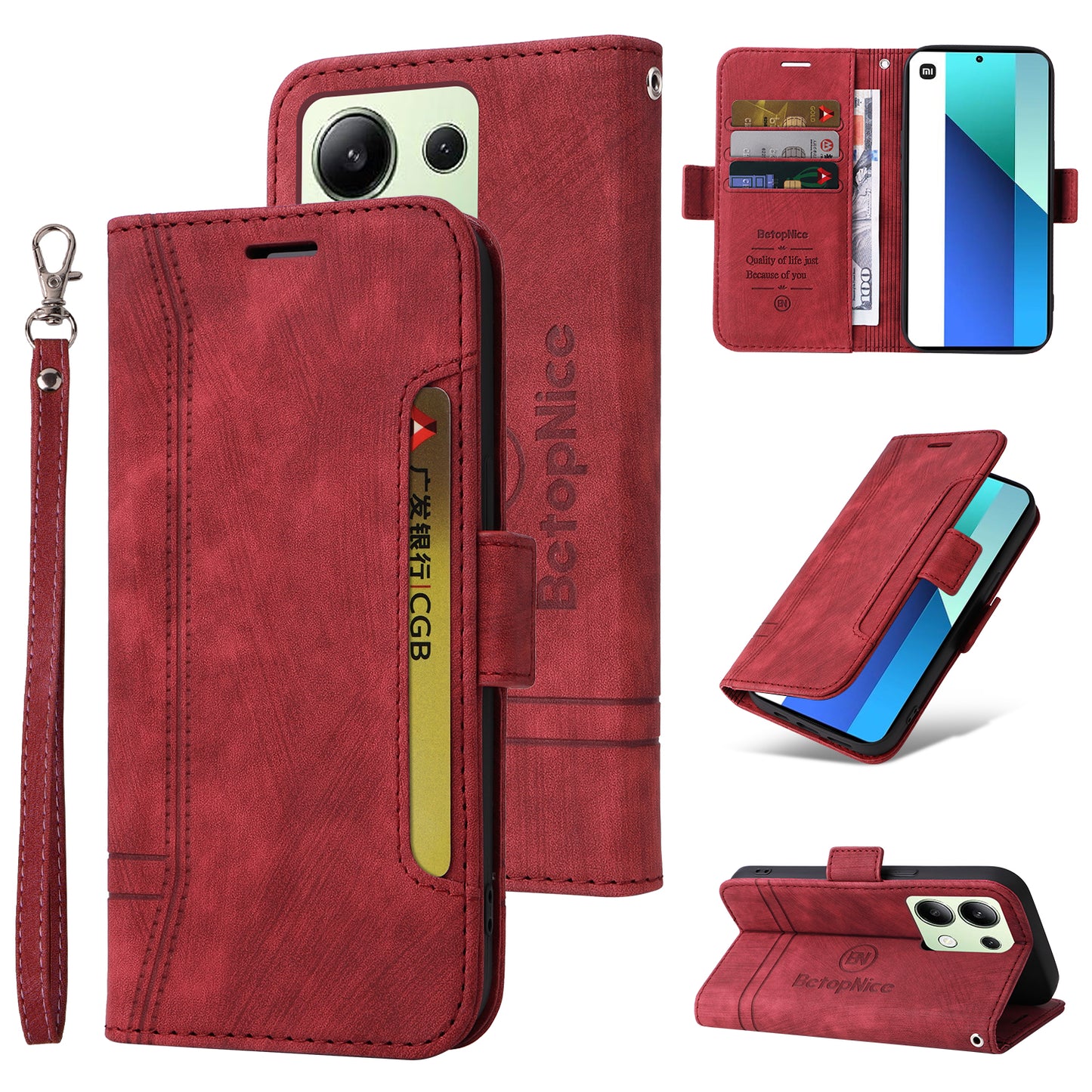 BETOPNICE 001 for Xiaomi Redmi Note 13 4G Case Imprinted Leather Phone Wallet Cover - Red