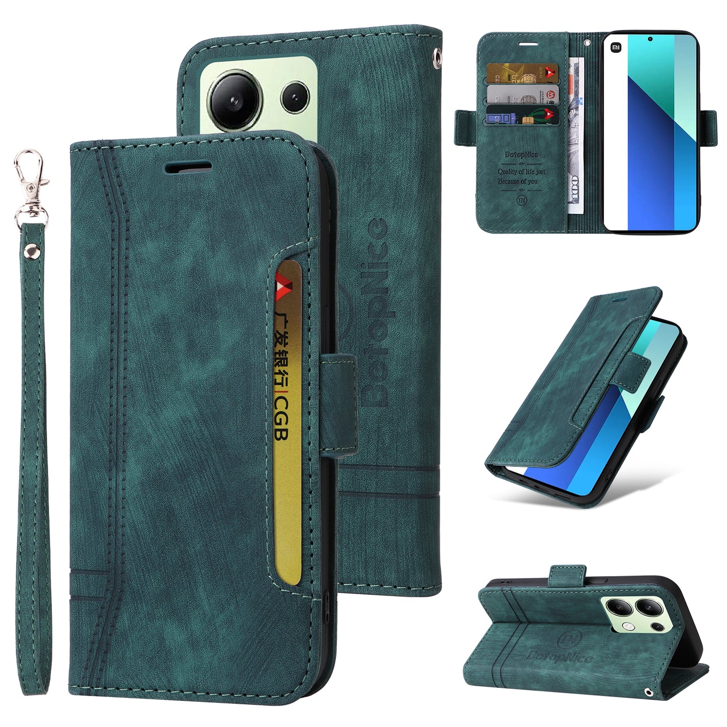 BETOPNICE 001 for Xiaomi Redmi Note 13 4G Case Imprinted Leather Phone Wallet Cover - Green