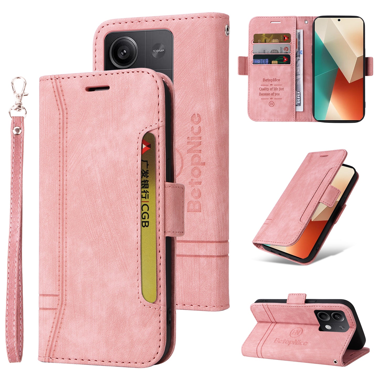 BETOPNICE 001 for Xiaomi Redmi Note 13 5G / Redmi Note 13 5G (China) Case Imprint Leather Cover - Pink