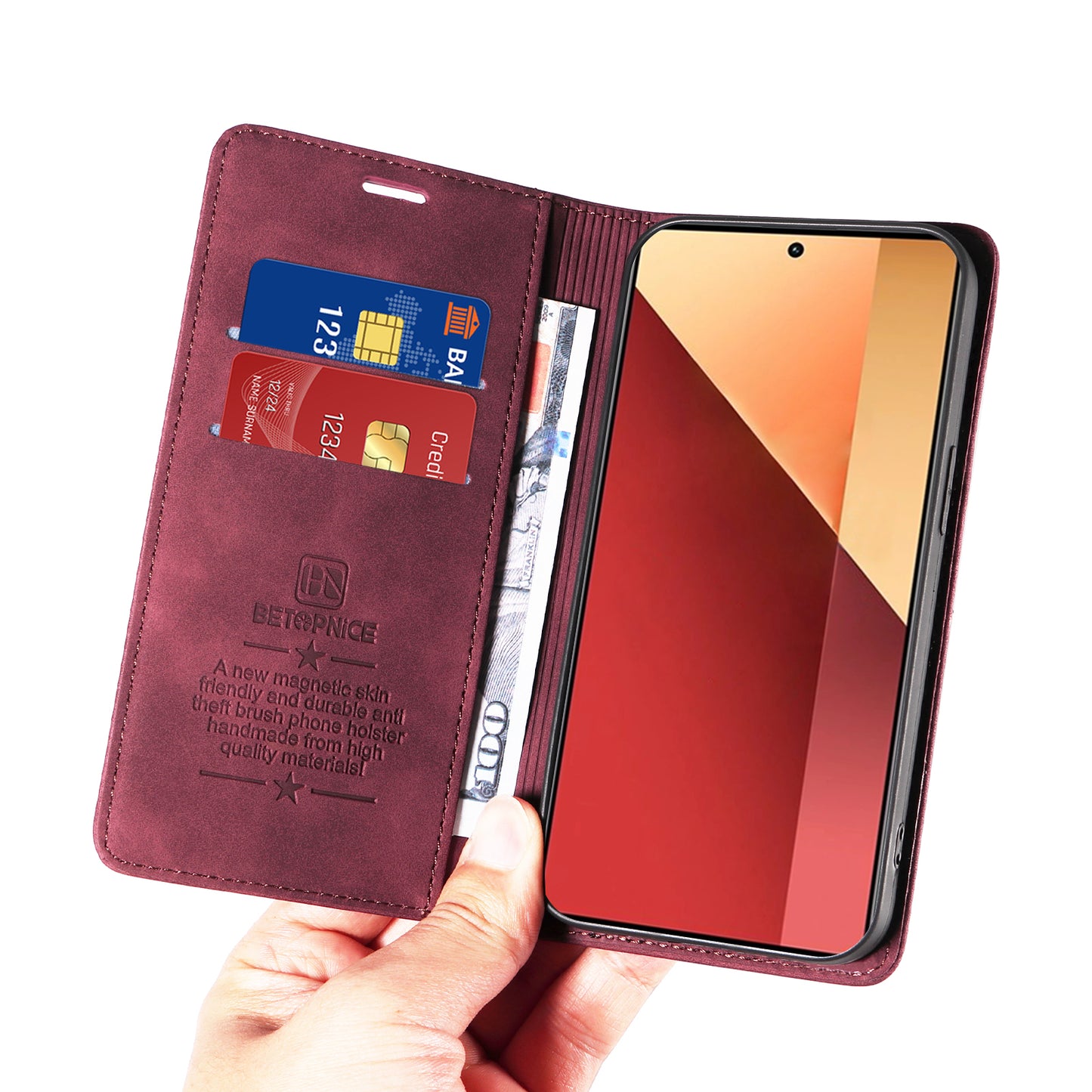 BETOPNICE 003 For Xiaomi Redmi Note 13 Pro 4G / Poco M6 Pro 4G Phone Cover Leather RFID Blocking Case - Red