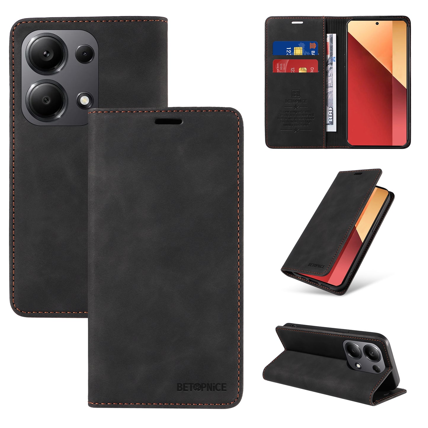BETOPNICE 003 For Xiaomi Redmi Note 13 Pro 4G / Poco M6 Pro 4G Phone Cover Leather RFID Blocking Case - Black