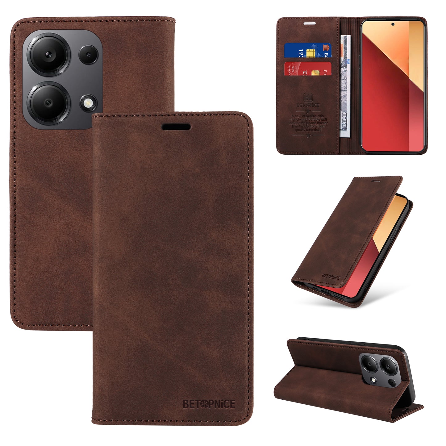 BETOPNICE 003 For Xiaomi Redmi Note 13 Pro 4G / Poco M6 Pro 4G Phone Cover Leather RFID Blocking Case - Brown