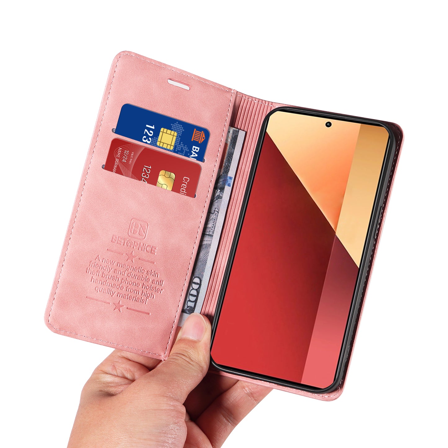 BETOPNICE 003 For Xiaomi Redmi Note 13 Pro 4G / Poco M6 Pro 4G Phone Cover Leather RFID Blocking Case - Pink