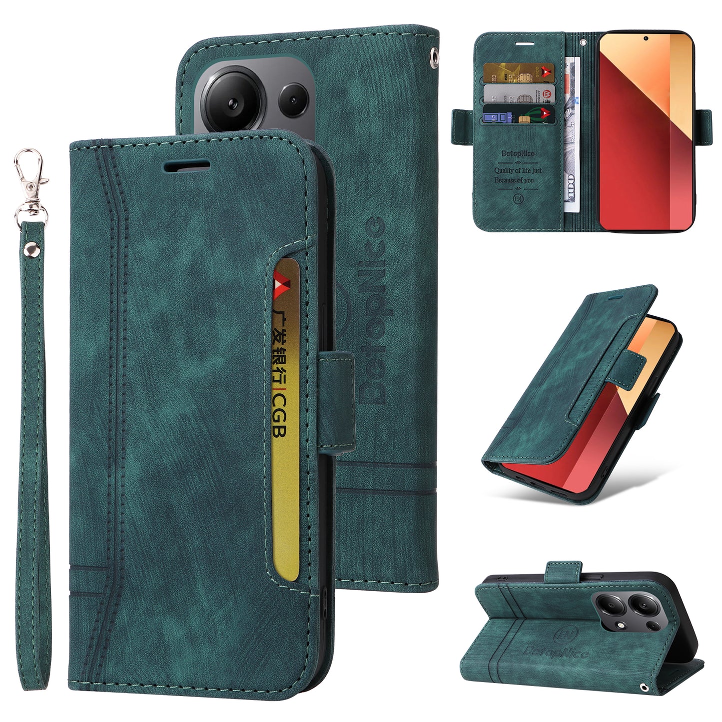 BETOPNICE 001 for Xiaomi Redmi Note 13 Pro 4G / Poco M6 Pro 4G Case with Hand Strap Leather Wallet Cover - Green
