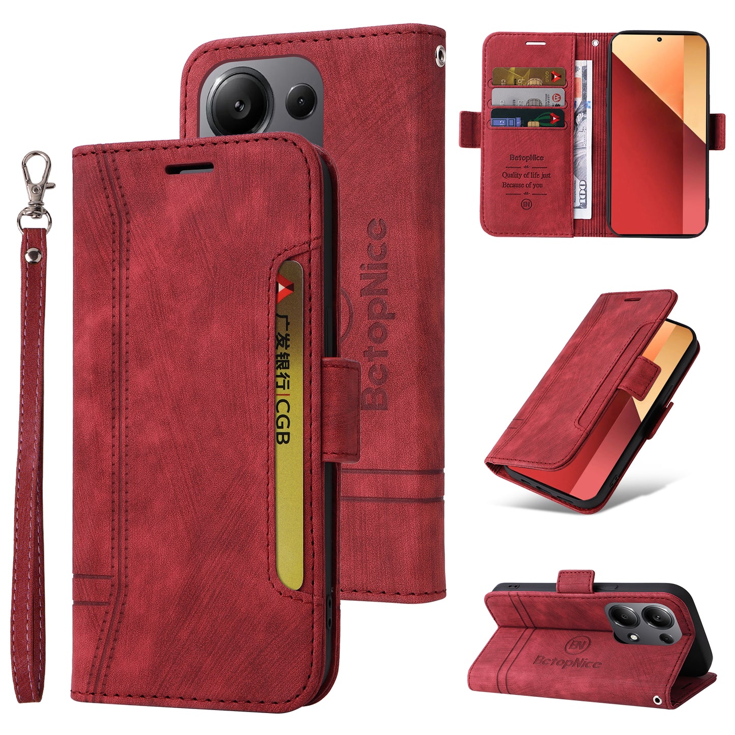 BETOPNICE 001 for Xiaomi Redmi Note 13 Pro 4G / Poco M6 Pro 4G Case with Hand Strap Leather Wallet Cover - Red