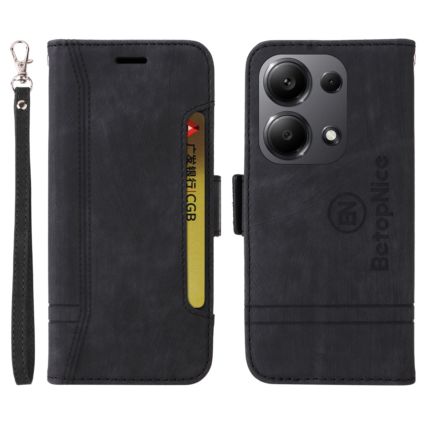 BETOPNICE 001 for Xiaomi Redmi Note 13 Pro 4G / Poco M6 Pro 4G Case with Hand Strap Leather Wallet Cover - Black