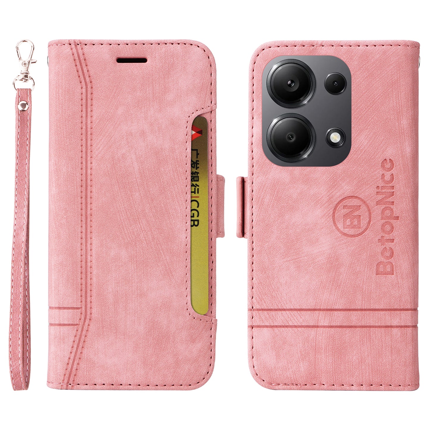BETOPNICE 001 for Xiaomi Redmi Note 13 Pro 4G / Poco M6 Pro 4G Case with Hand Strap Leather Wallet Cover - Pink