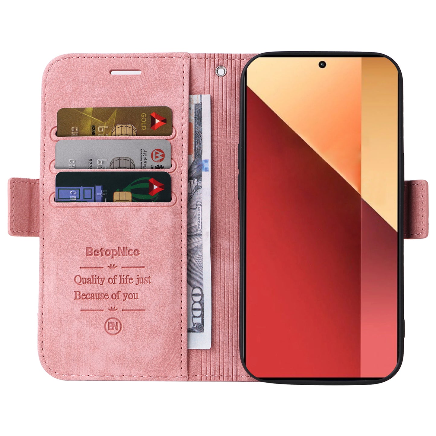 BETOPNICE 001 for Xiaomi Redmi Note 13 Pro 4G / Poco M6 Pro 4G Case with Hand Strap Leather Wallet Cover - Pink