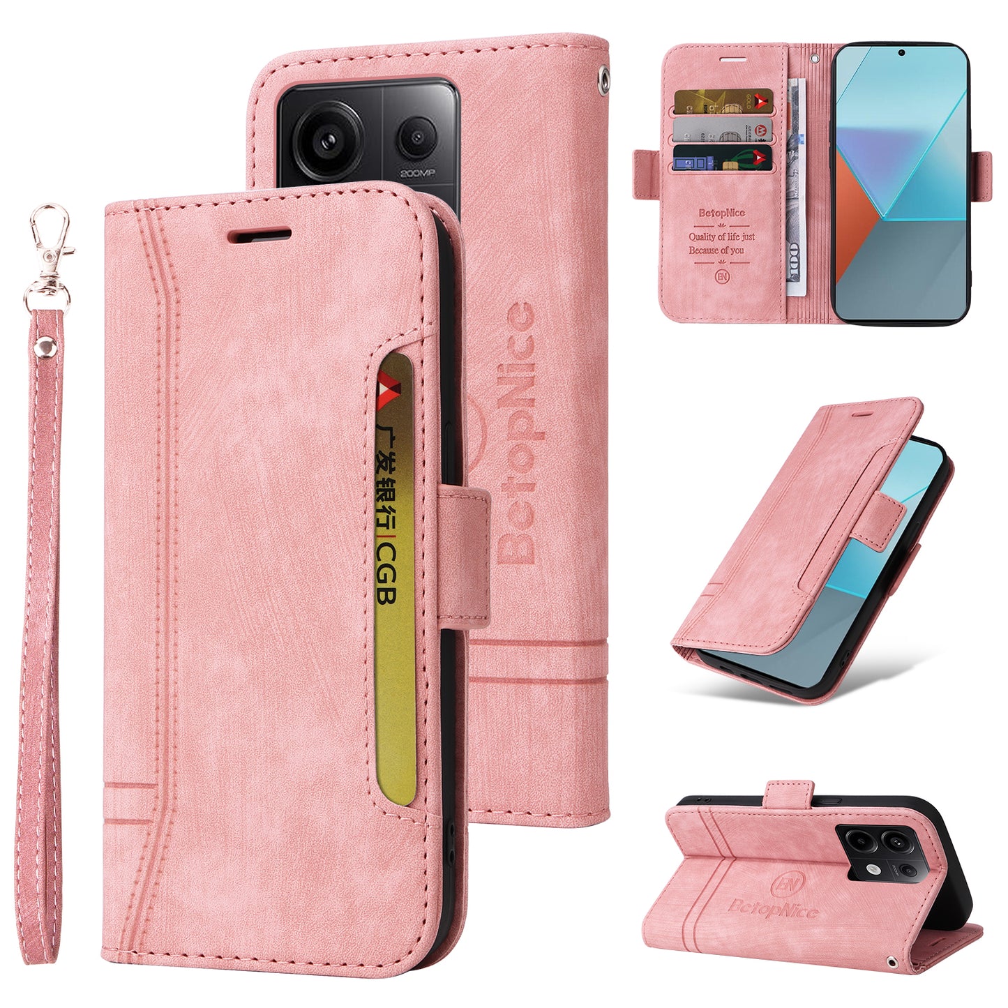 BETOPNICE 001 for Xiaomi Redmi Note 13 Pro 5G / Poco X6 5G Case Leather Wallet Smart Phone Cover - Pink