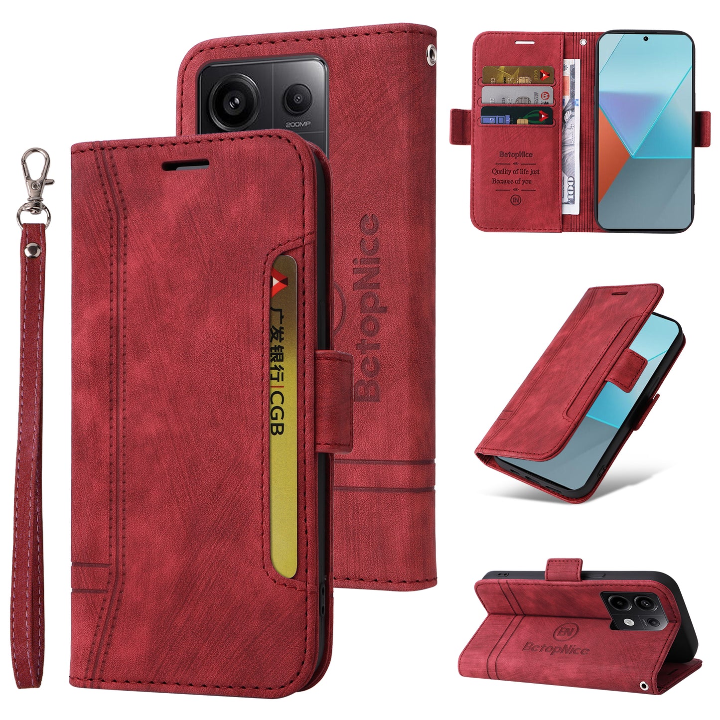 BETOPNICE 001 for Xiaomi Redmi Note 13 Pro 5G / Poco X6 5G Case Leather Wallet Smart Phone Cover - Red