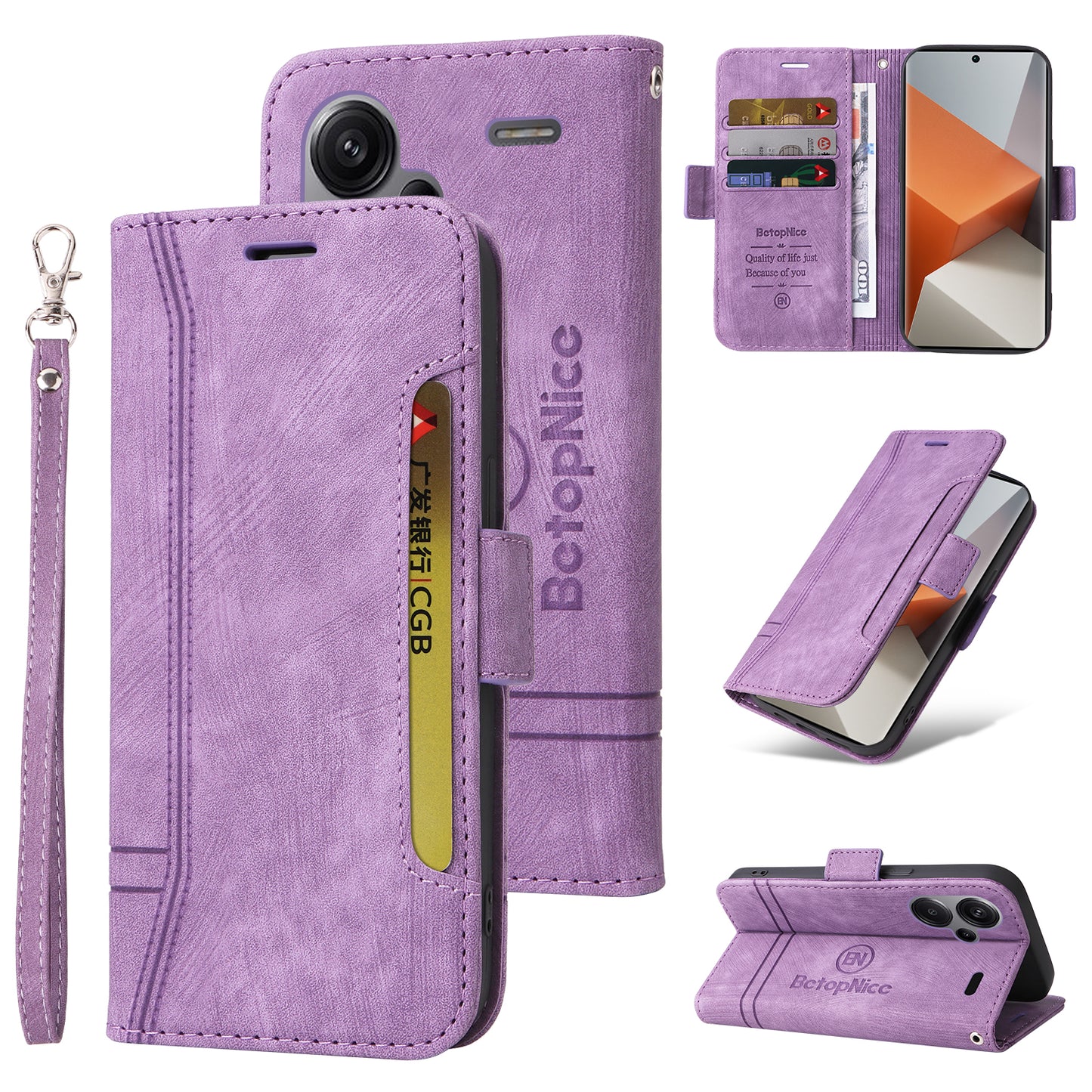 BETOPNICE 001 for Xiaomi Redmi Note 13 Pro+ 5G Phone Case Imprinted Lines Pattern Wallet Cover - Purple
