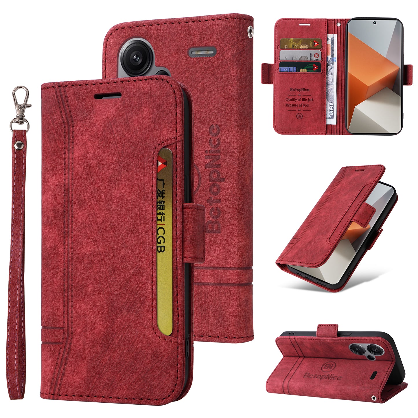 BETOPNICE 001 for Xiaomi Redmi Note 13 Pro+ 5G Phone Case Imprinted Lines Pattern Wallet Cover - Red