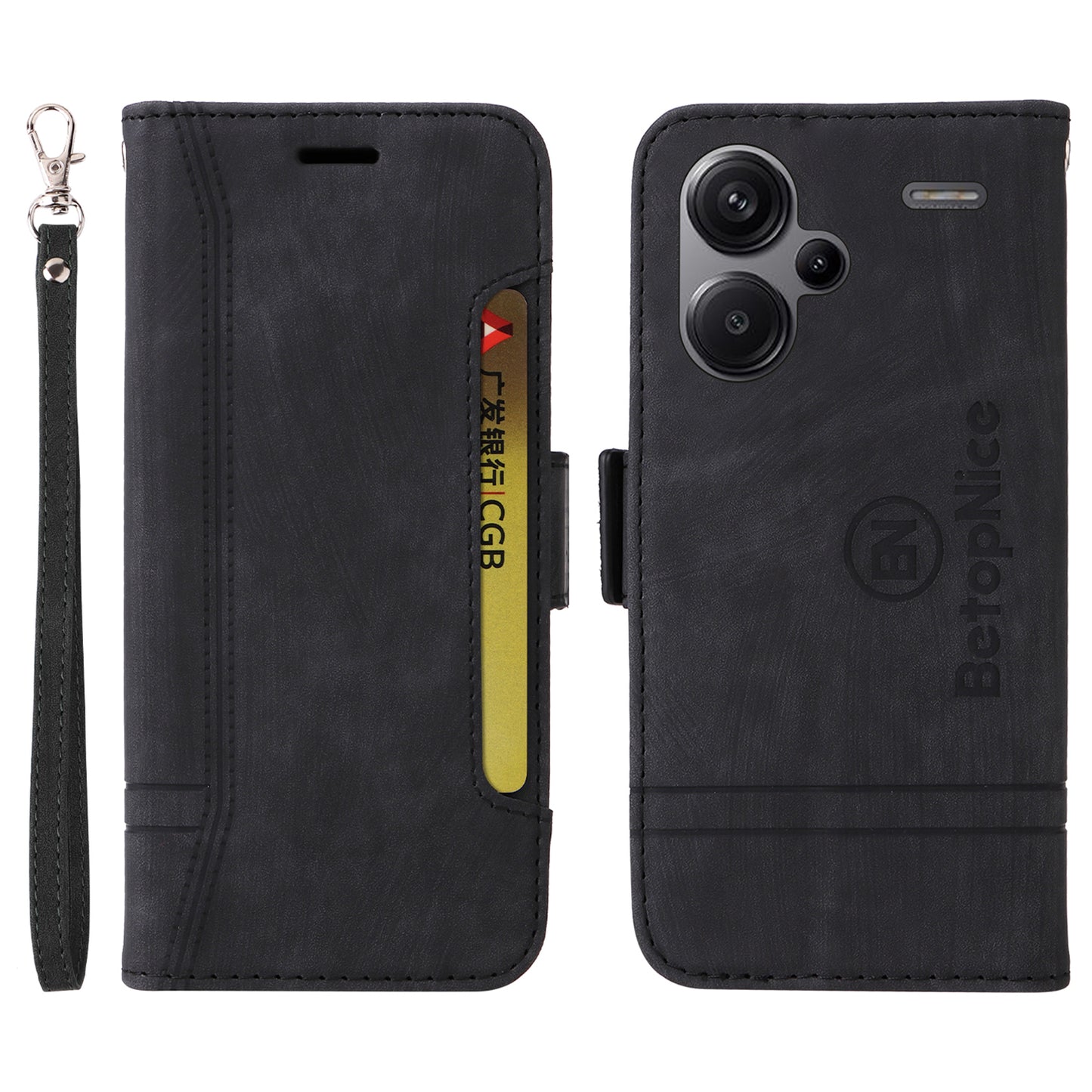 BETOPNICE 001 for Xiaomi Redmi Note 13 Pro+ 5G Phone Case Imprinted Lines Pattern Wallet Cover - Black