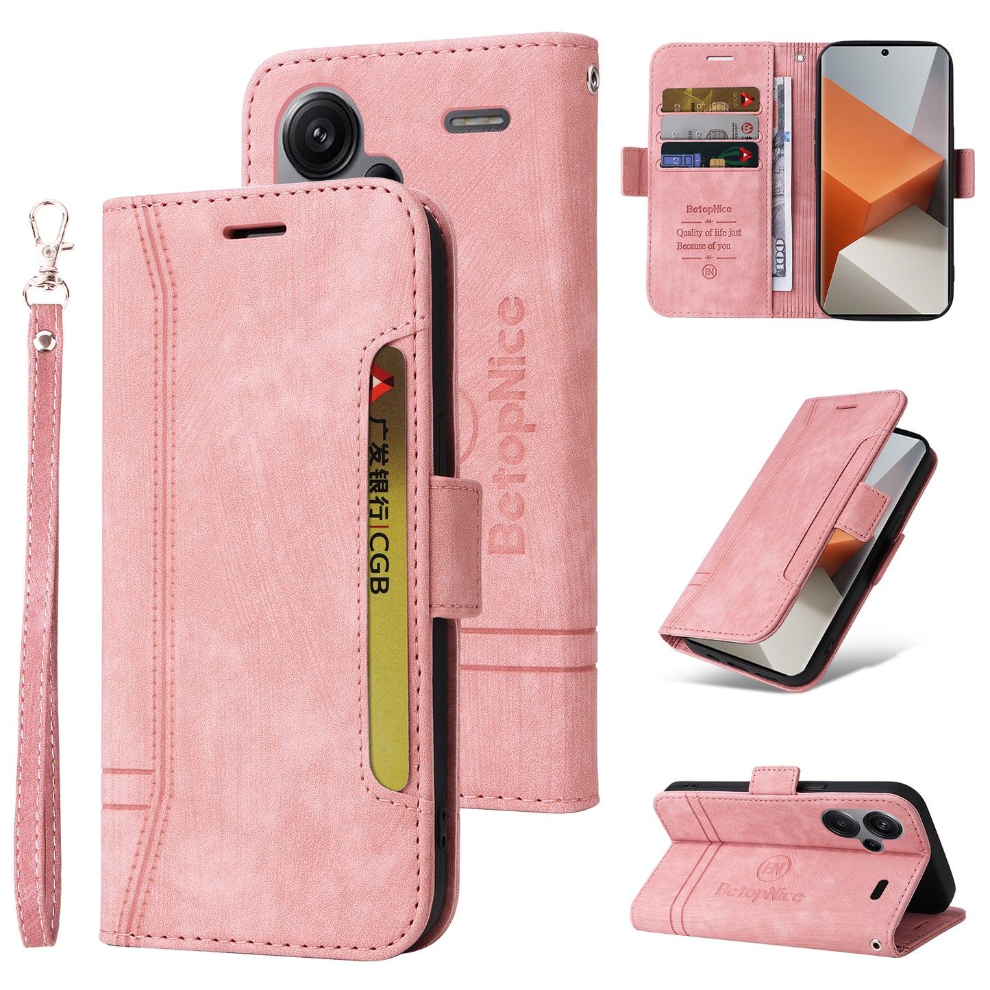 BETOPNICE 001 for Xiaomi Redmi Note 13 Pro+ 5G Phone Case Imprinted Lines Pattern Wallet Cover - Pink