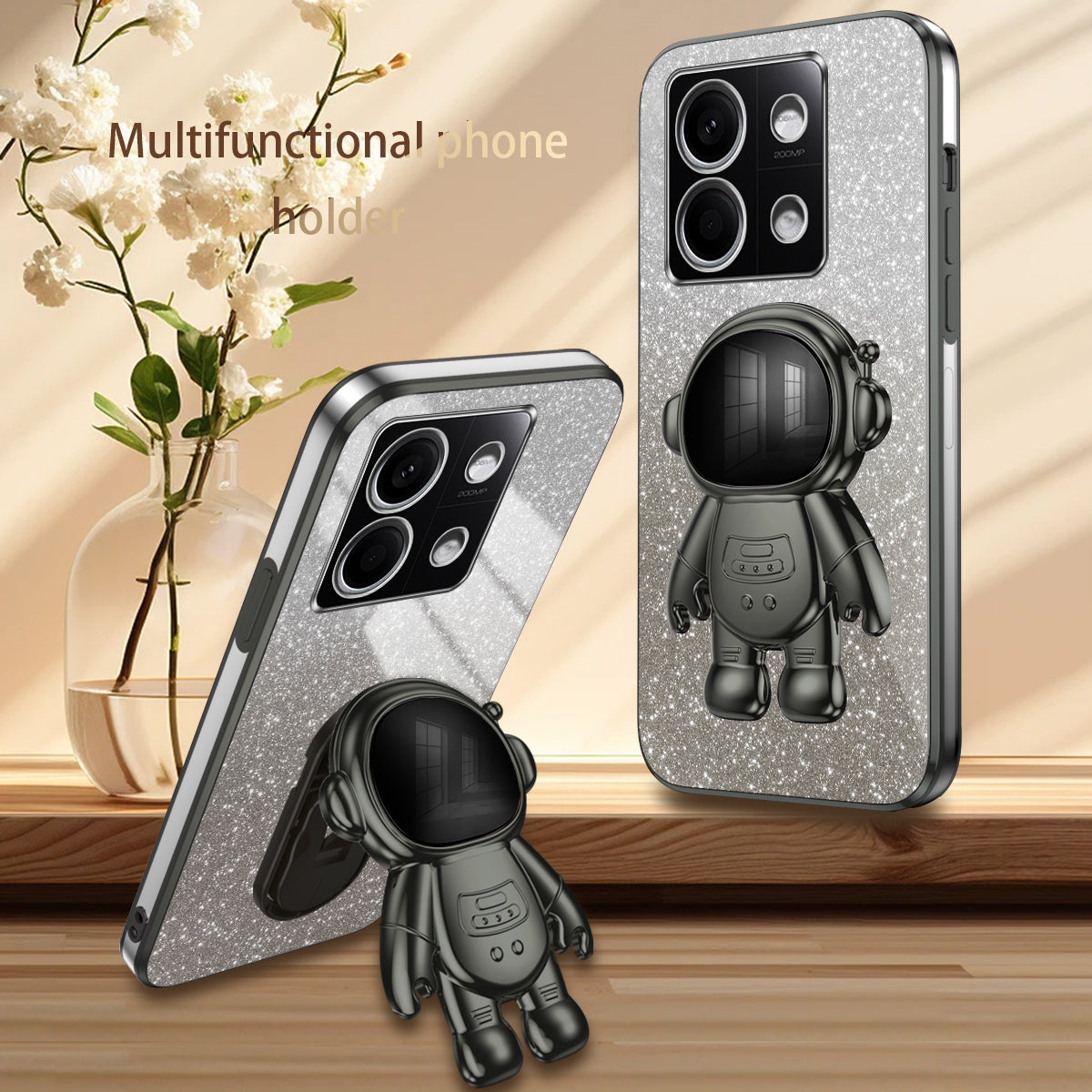 For Xiaomi Redmi Note 13 5G (Global) Cover Astronaut Kickstand Glitter Powder Mobile Phone Case - Black
