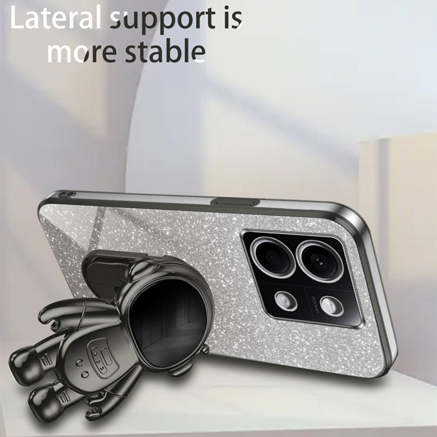 For Xiaomi Redmi Note 13 5G (Global) Cover Astronaut Kickstand Glitter Powder Mobile Phone Case - Black