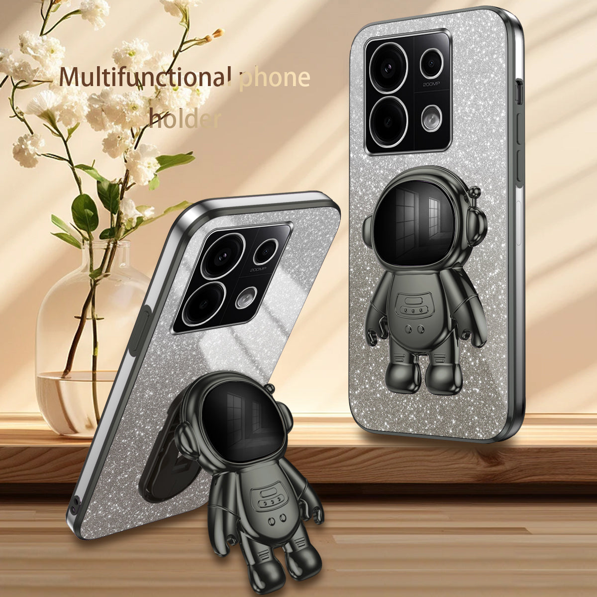 For Xiaomi Poco X6 5G / Redmi Note 13 Pro 5G Case Electroplating Astronaut Kickstand Phone Cover - Black