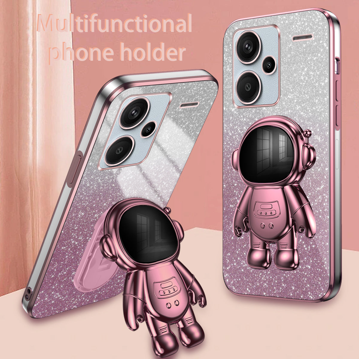 For Xiaomi Redmi Note 13 Pro+ 5G Phone Case Astronaut Kickstand Anti-shock Electroplated Cover - Pink