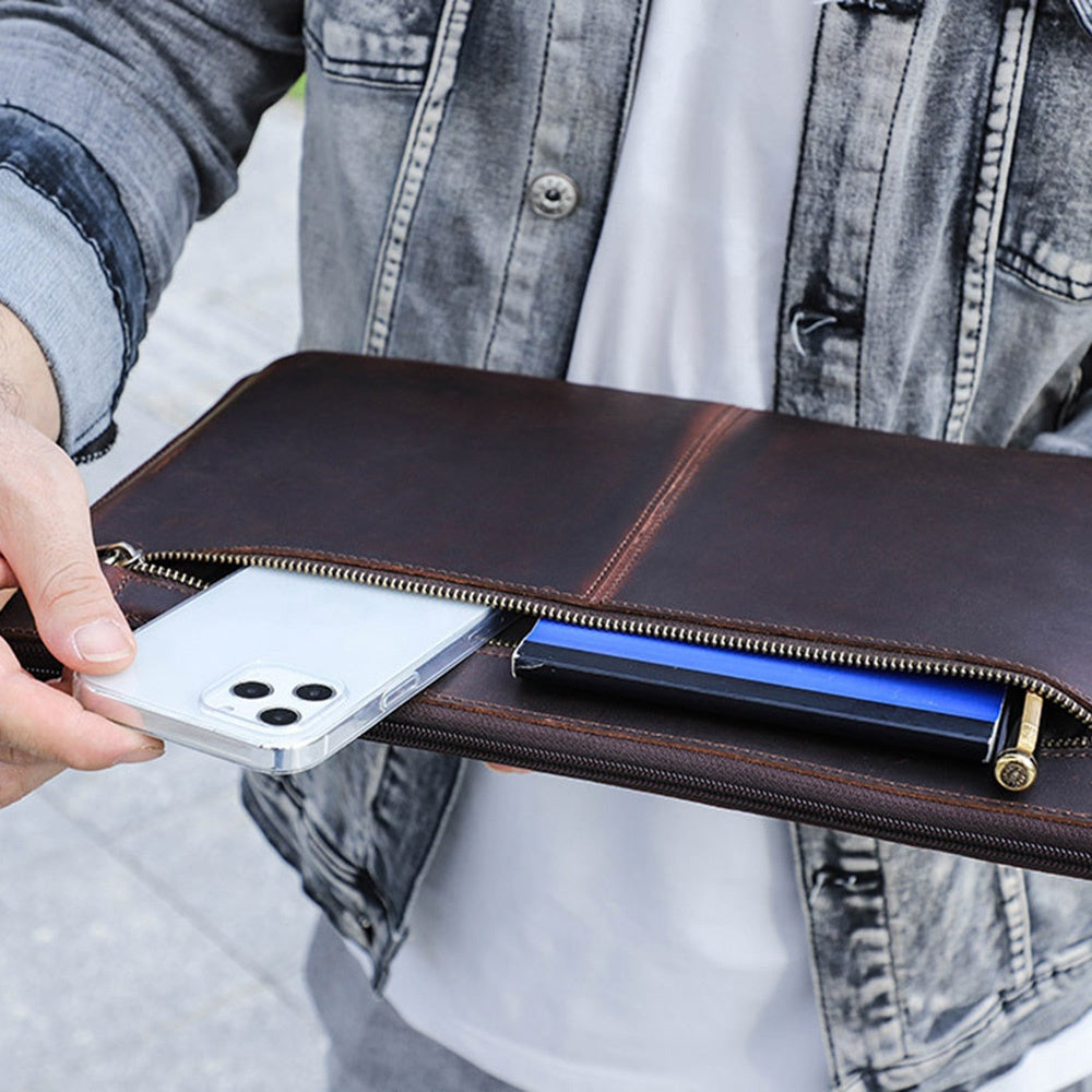 Shockproof Carrying Case for MacBook Air 13 inch (2022) A2681 Genuine Leather Storage Bag for 13" Laptops Anti-Scratch Portable Zippered Bag with Outer Pouch - Coffee