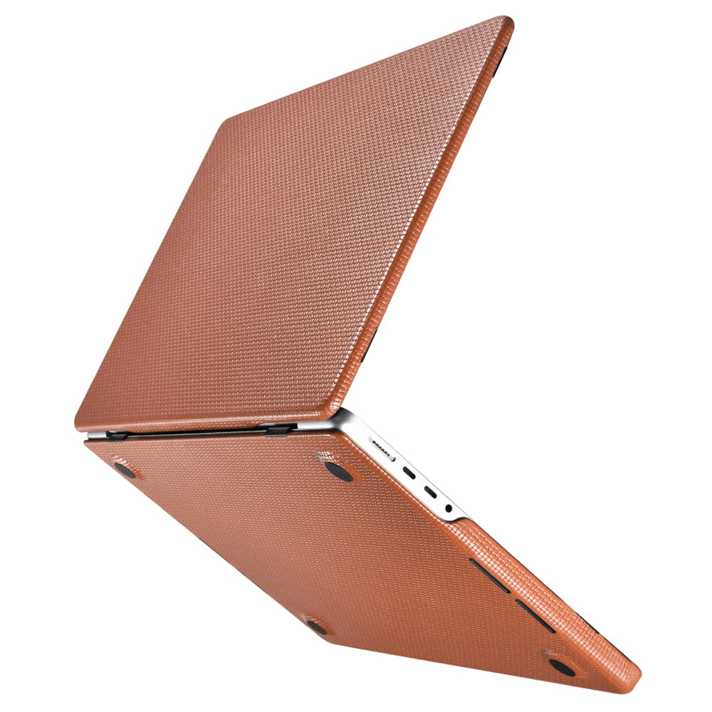 For MacBook Pro 16 inch (2022) / (2021) Shockproof Case Woven Pattern Genuine Leather Hard PC Laptops Anti-Scratch Cover - Brown