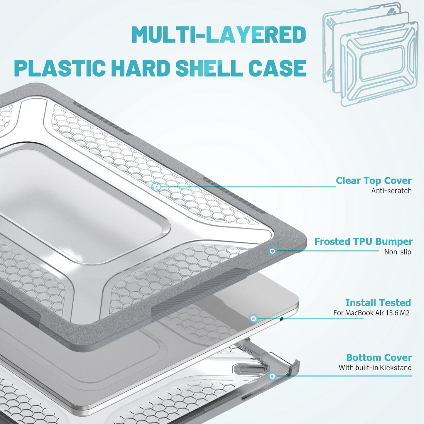 For MacBook Air 13 inch (2022) (M2 A2681) Protective Case Anti-Scratch Laptop Hard PC Case with Kickstand - Grey