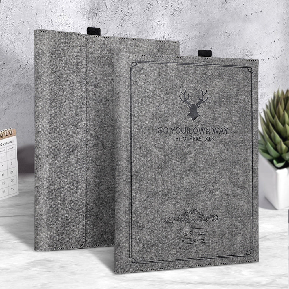 For Microsoft Surface Pro 9 Deer Head Design PU Leather+PC Anti-scratch Anti-drop Protective Case Support Stand Cover - Grey