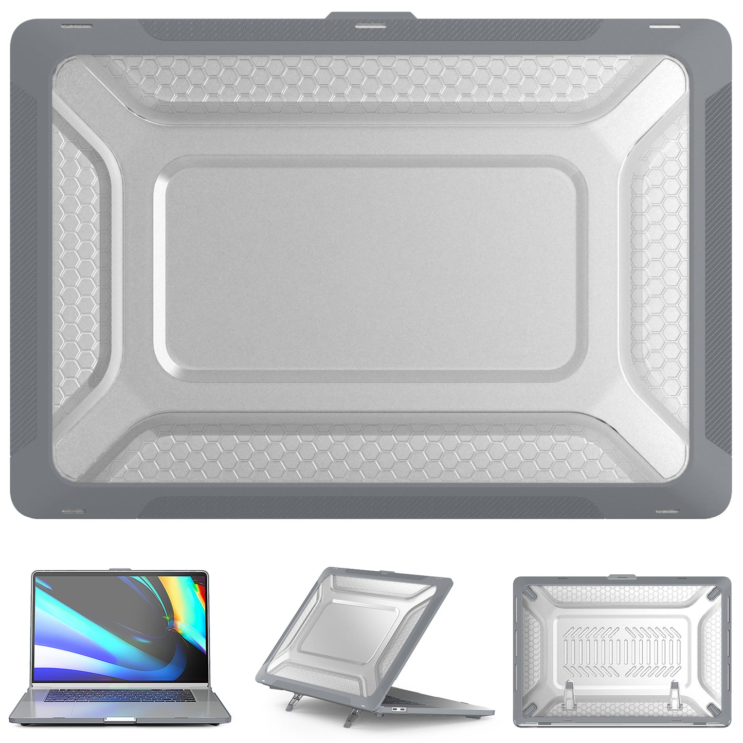 For MacBook Pro 16 inch (2019) A2141 Laptop Cover Dual Layer Hard PC Soft TPU Shell Case with Kickstand - Grey